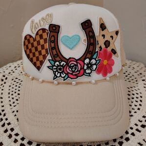 Handmade Patch Trucker Hat With Pearl Bead Hat Chain